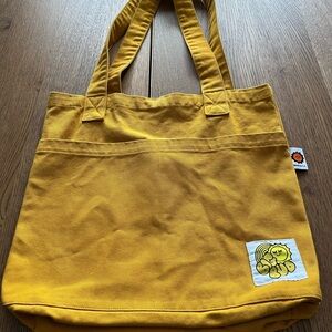 Mustard Yellow Big Bud Press Tote Bag with 2 Pockets on Outside